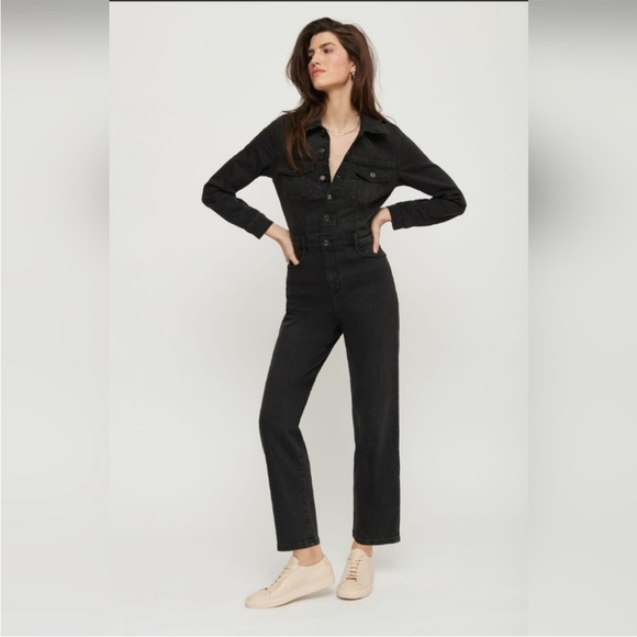 Dynamite Pants - DYNAMITE Distressed Black Denim Long Sleeve Western Chic Straight Leg Jumpsuit